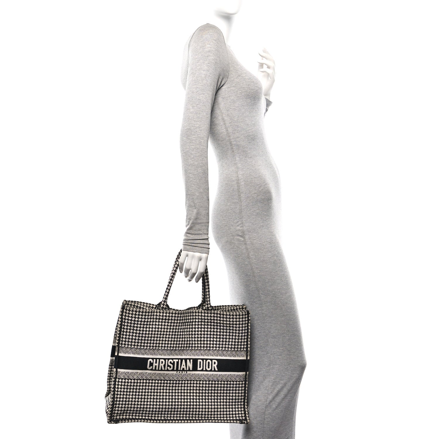 Christian Dior Canvas Houndstooth Embroidered Large Book Tote Black White 3 of 16