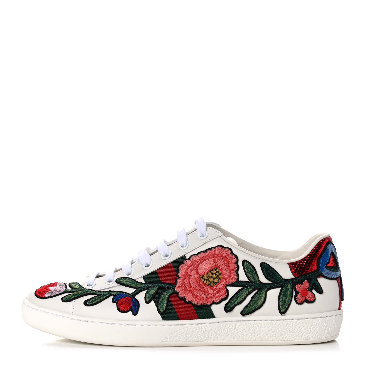 Gucci Calfskin Web Floral Embroidered Womens Ace Sneakers 38.5 White 1 of 10