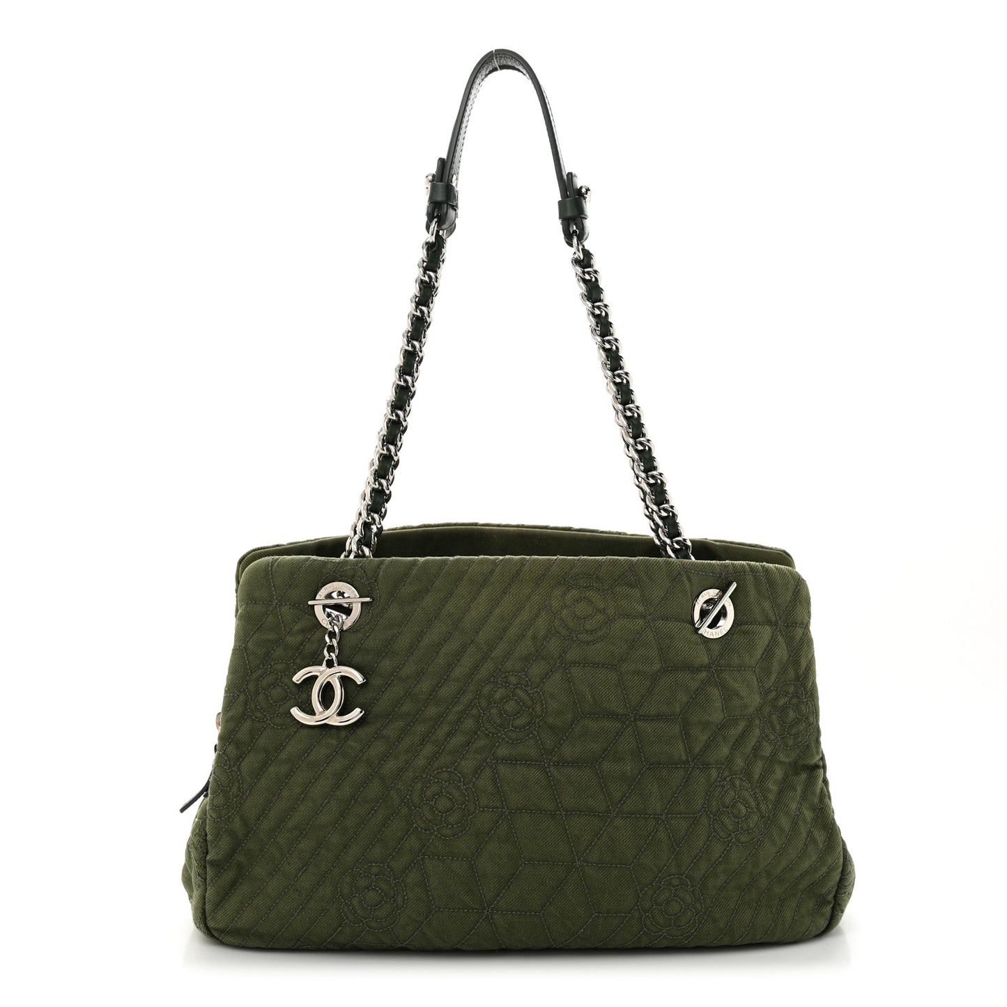 Denim Camellia Embroidered Shopping Tote Green