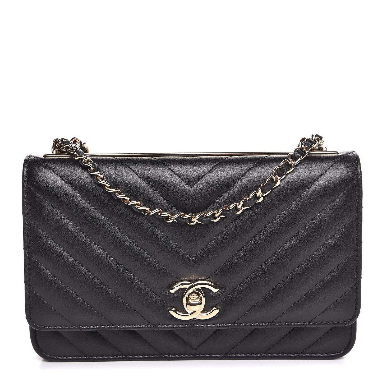 Lambskin Chevron Quilted Trendy CC Wallet On Chain WOC Black