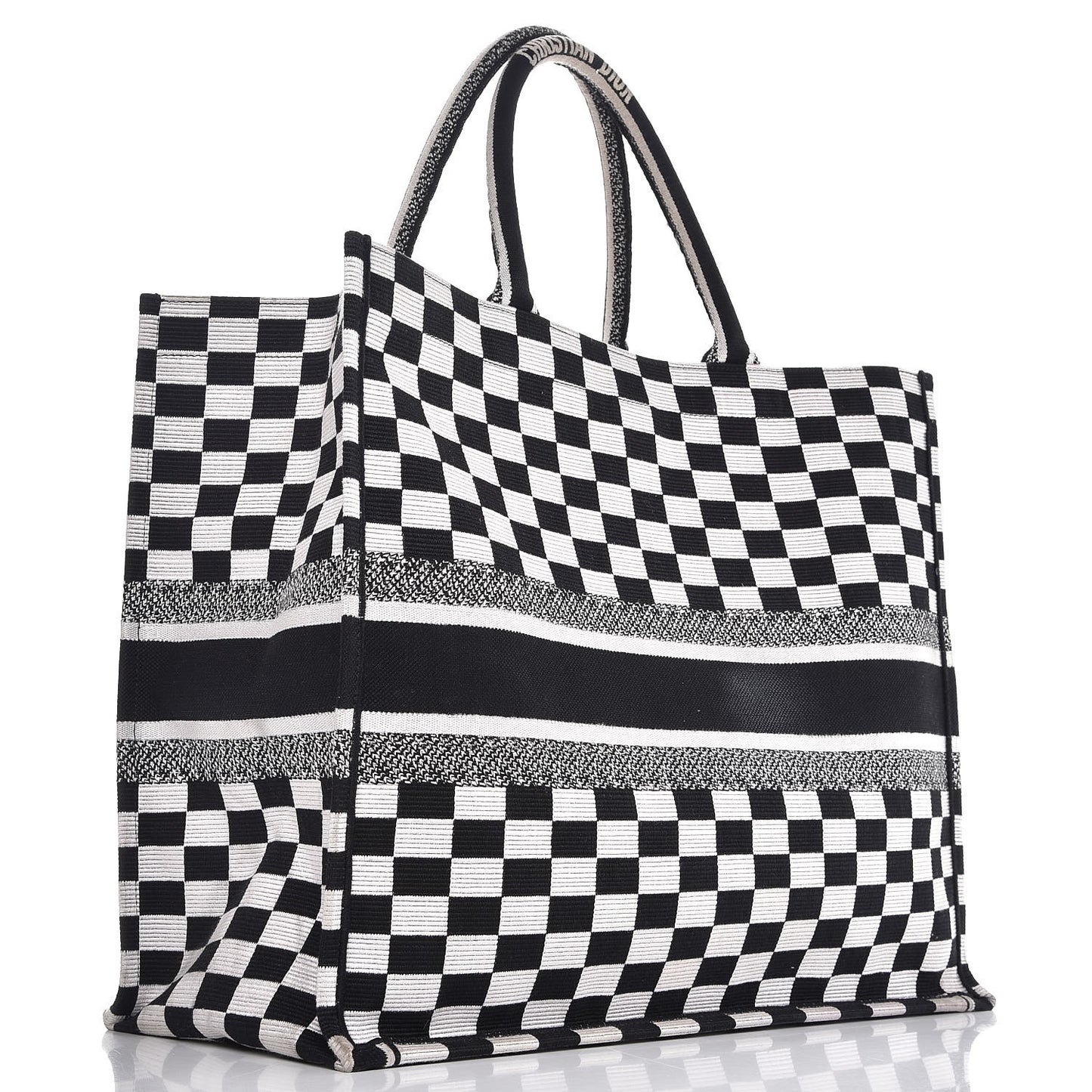 Canvas Embroidered Checkered Book Tote Black White