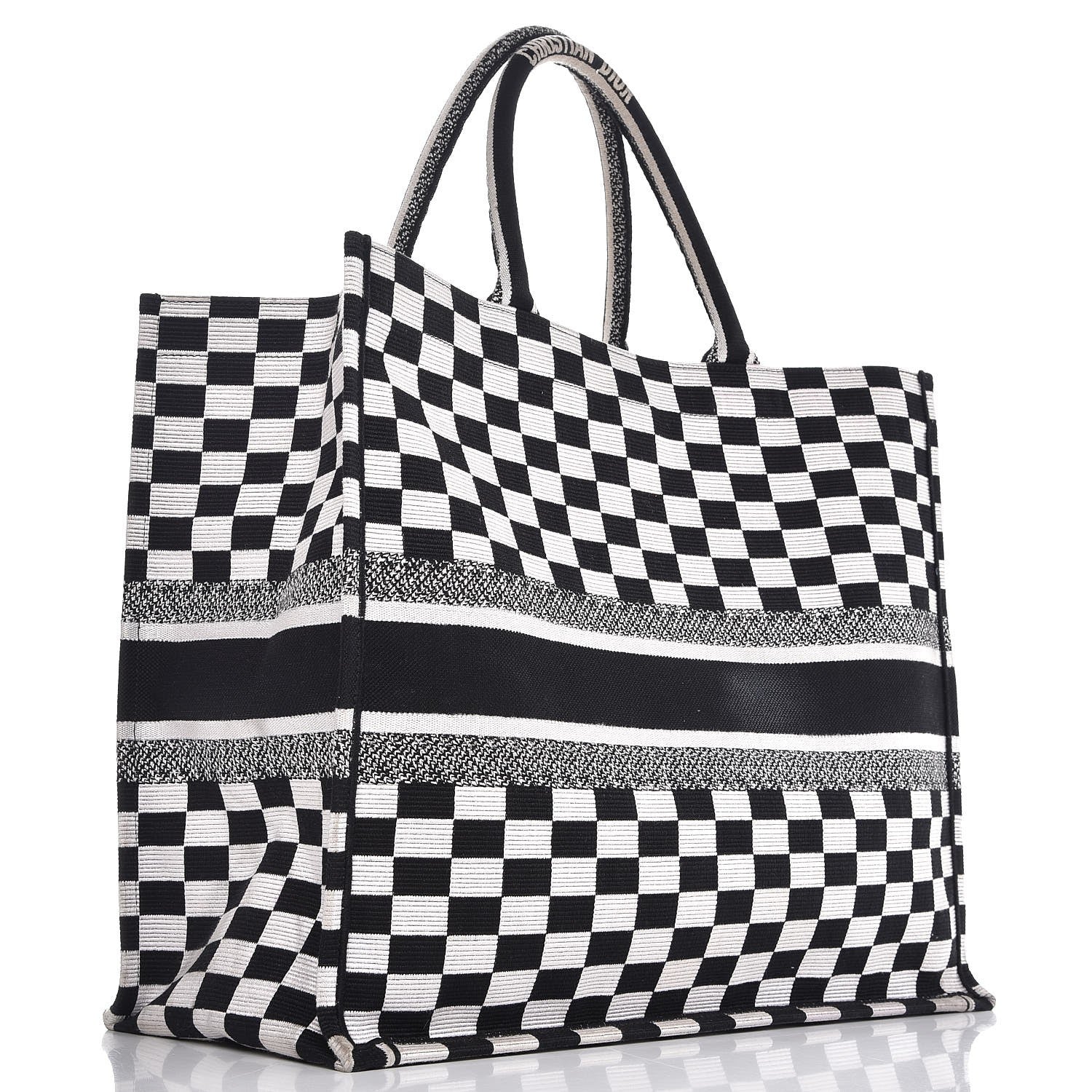 Christian Dior Canvas Embroidered Checkered Book Tote Black White 3 of 12