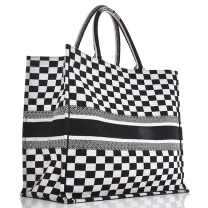 Christian Dior Canvas Embroidered Checkered Book Tote Black White 3 of 12