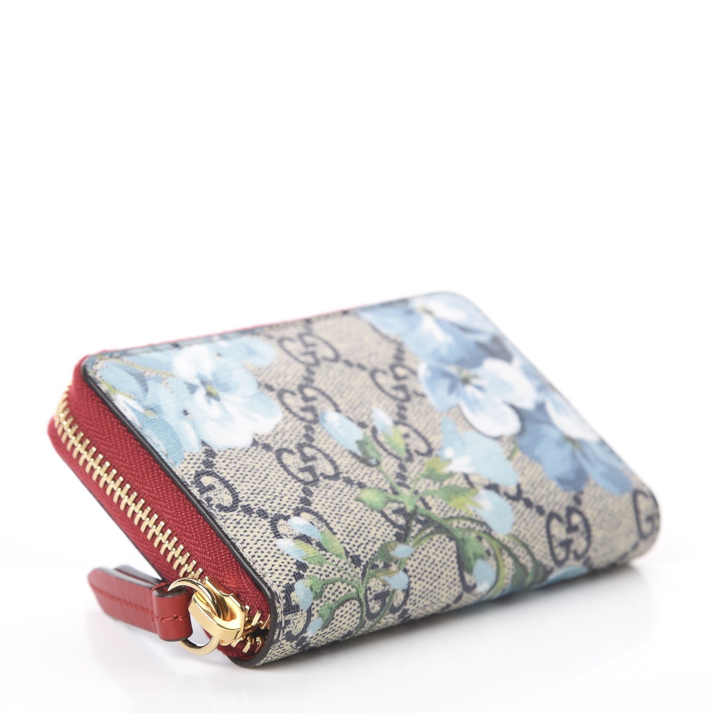 GG Supreme Monogram Blooms Zip Around Card Case Wallet Beige Blue Navy Hibiscus Red