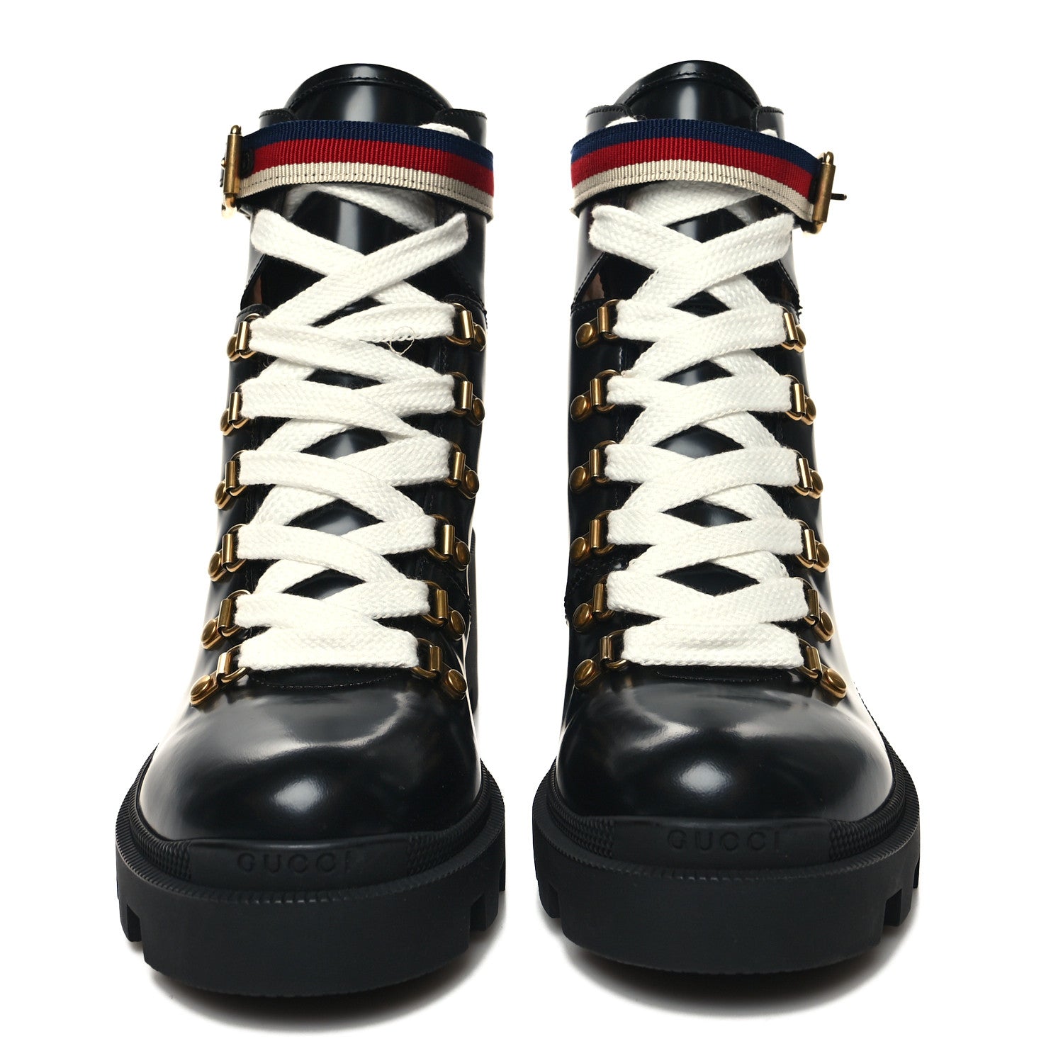 Gucci Calfskin Sylvie Web Womens Lace Up Combat Boots 39.5 Black 2 of 9