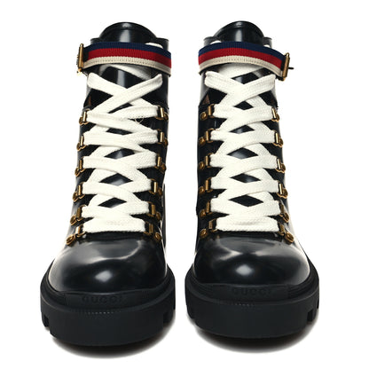 Gucci Calfskin Sylvie Web Womens Lace Up Combat Boots 39.5 Black 2 of 9