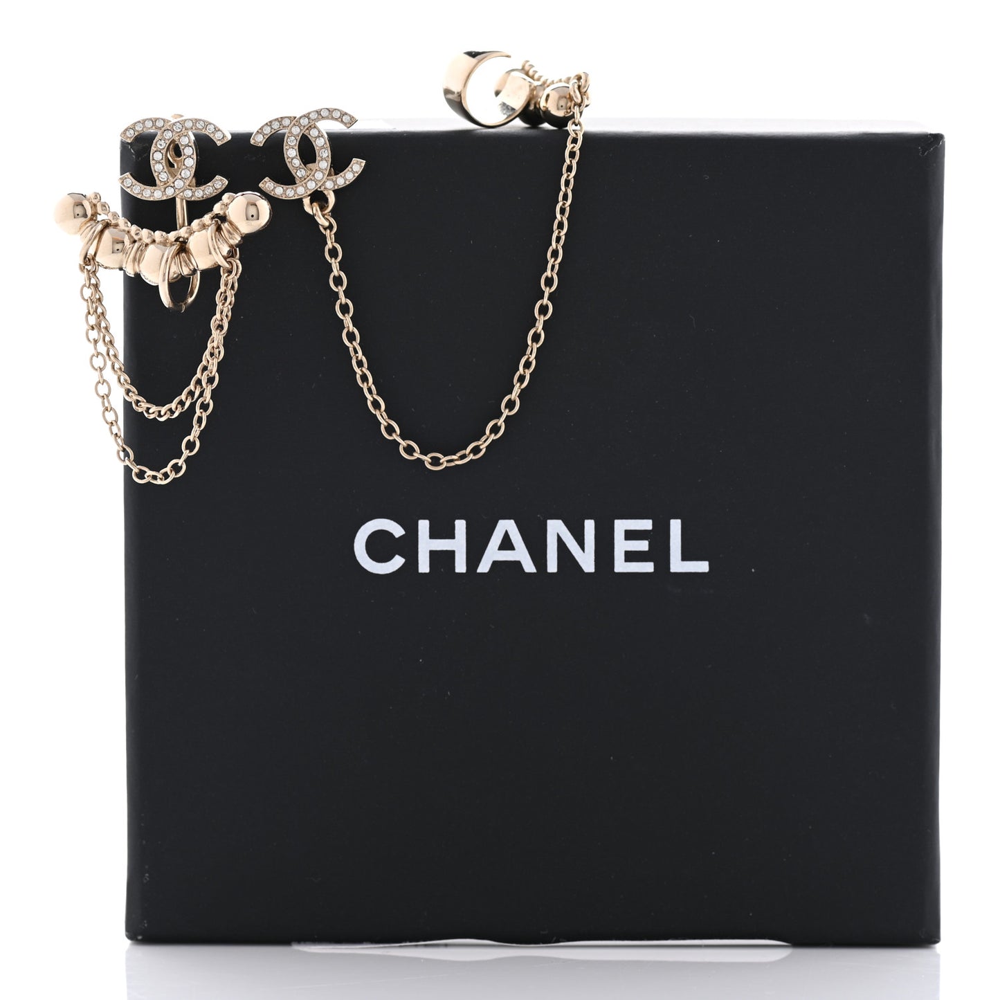 Metal Crystal CC Chain Cuff Earrings Gold