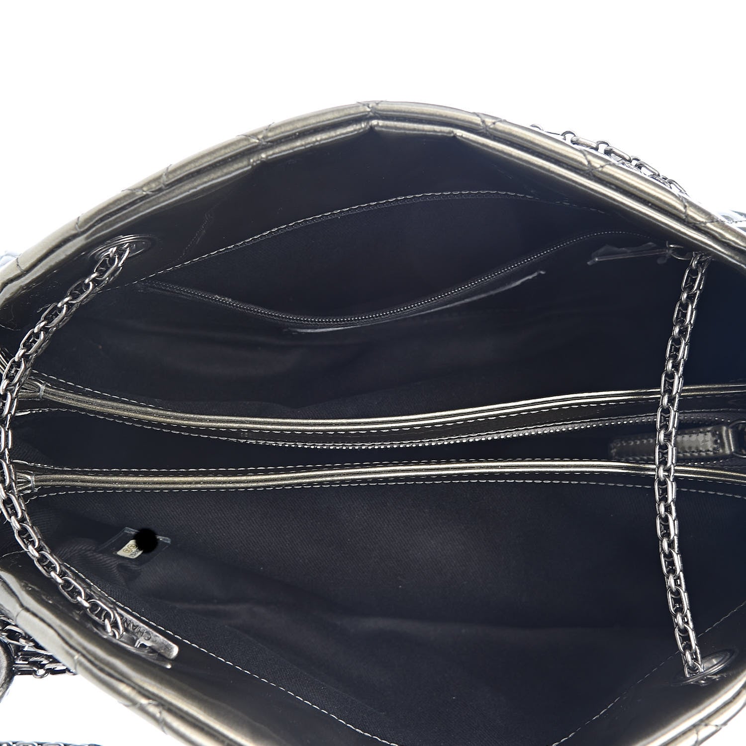 Chanel Metallic Patent Quilted Medium Just Mademoiselle Bowling Bag Silver Degrade 5 of 10