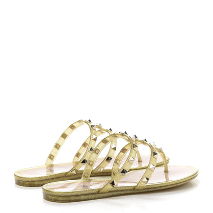 Valentino Garavani PVC Jelly Glitter Rockstud Caged Flat Thong Sandals 36 Oro 4 of 8