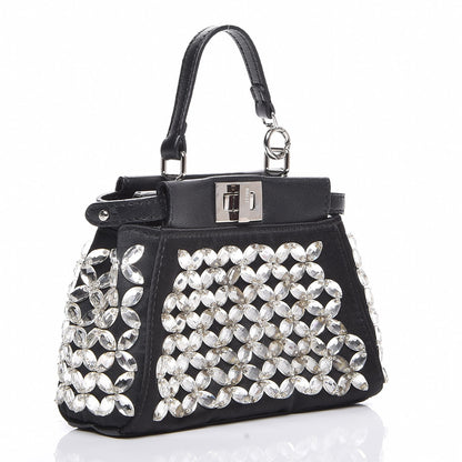 Fendi Satin Crystal Shiny Nappa Embroidered Micro Peekaboo Iconic Satchel Black Crystal 4 of 8