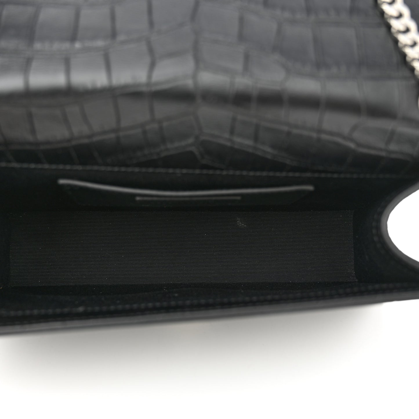 Calfskin Crocodile Embossed Medium Classic Monogram Kate Tassel Satchel Black