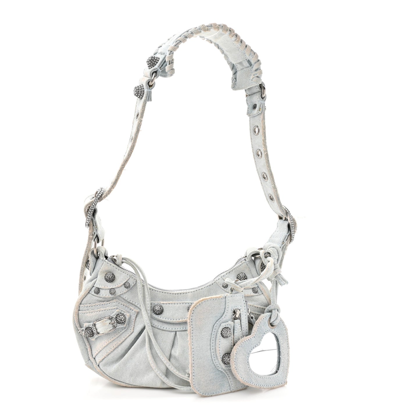 Washed Frayed Denim Crystal XS Le Cagole Shoulder Bag Pale Blue