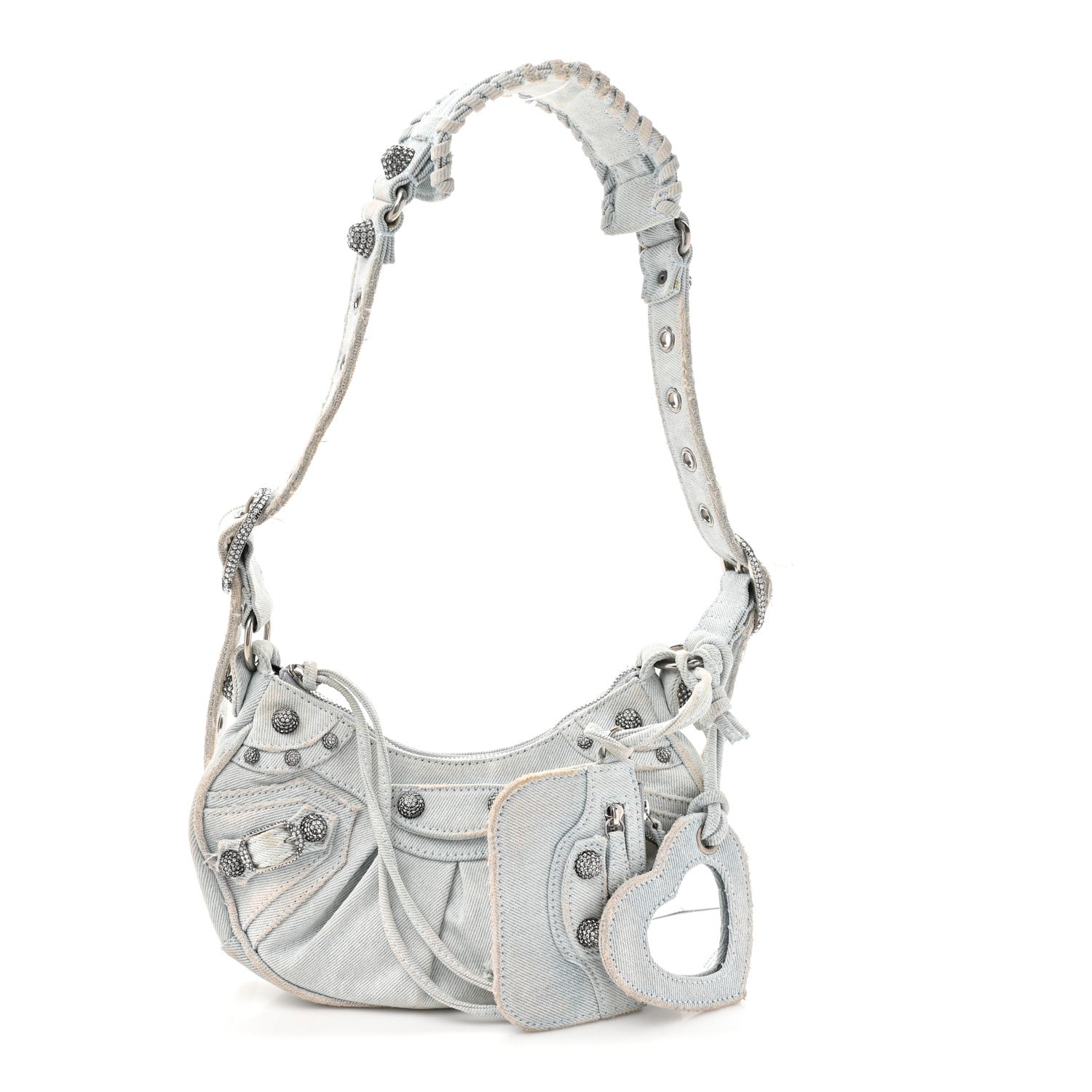 Balenciaga Washed Frayed Denim Crystal XS Le Cagole Shoulder Bag Pale Blue 3 of 15