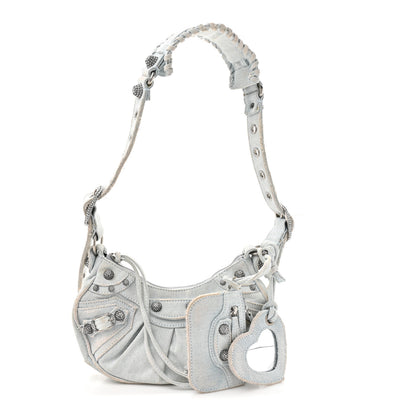 Balenciaga Washed Frayed Denim Crystal XS Le Cagole Shoulder Bag Pale Blue 3 of 15