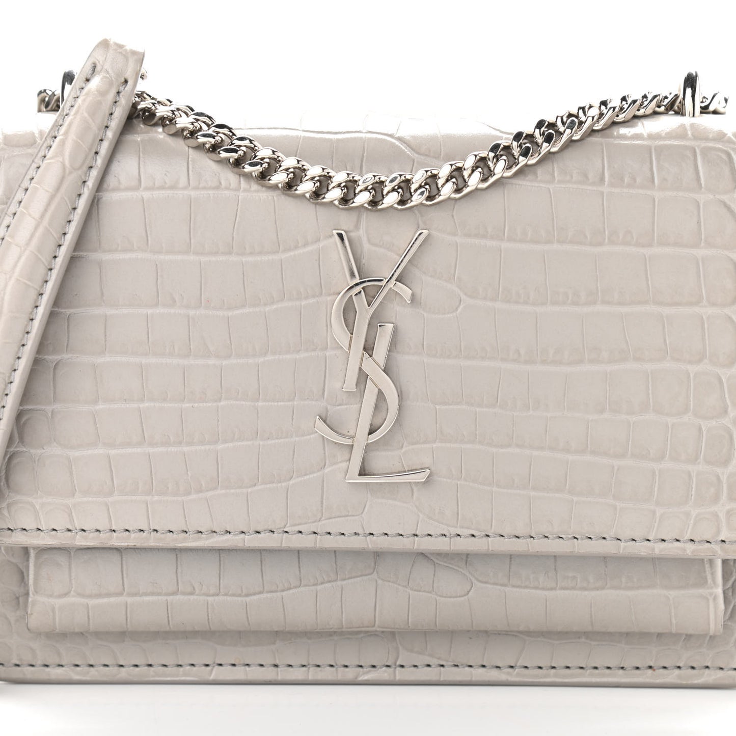 Calfskin Crocodile Embossed Monogram Sunset Chain Wallet Light Grey