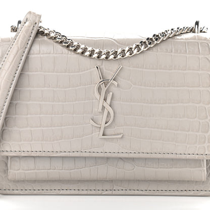 Saint Laurent Calfskin Crocodile Embossed Monogram Sunset Chain Wallet Light Grey 8 of 13