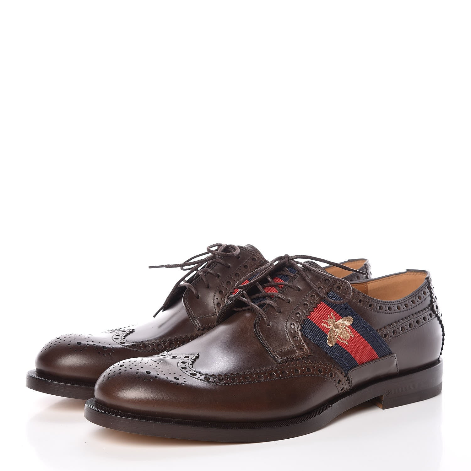 Gucci Calfskin Web Bee Embroidered Mens Lace Up Brogue Wingtip Derby Shoes 7 Cocoa 3 of 8