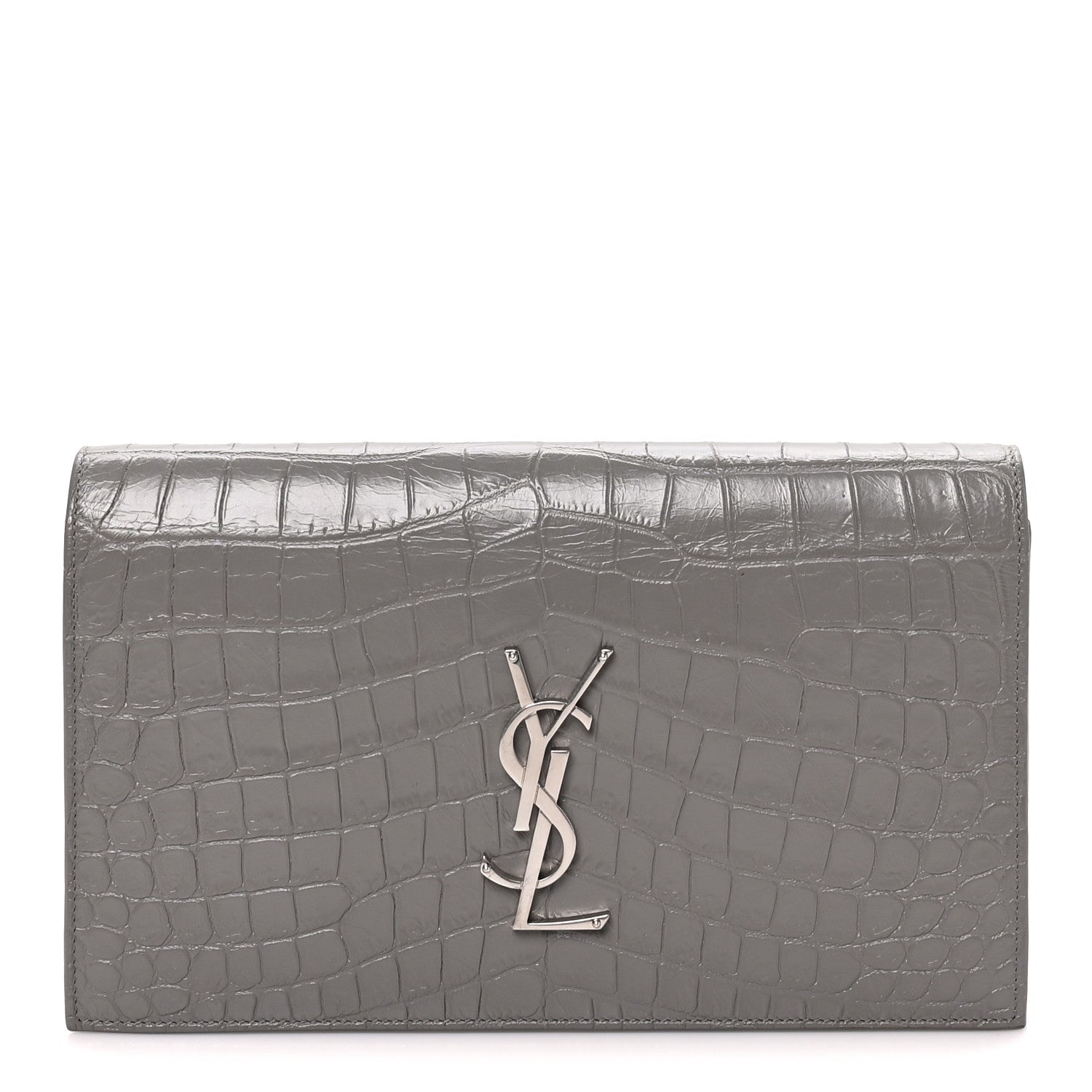 Saint Laurent Croc Embossed Calfskin Classic Kate Monogram Clutch Fog 1 of 7