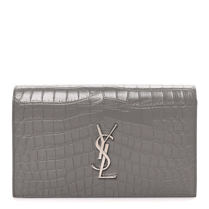 Saint Laurent Croc Embossed Calfskin Classic Kate Monogram Clutch Fog 1 of 7