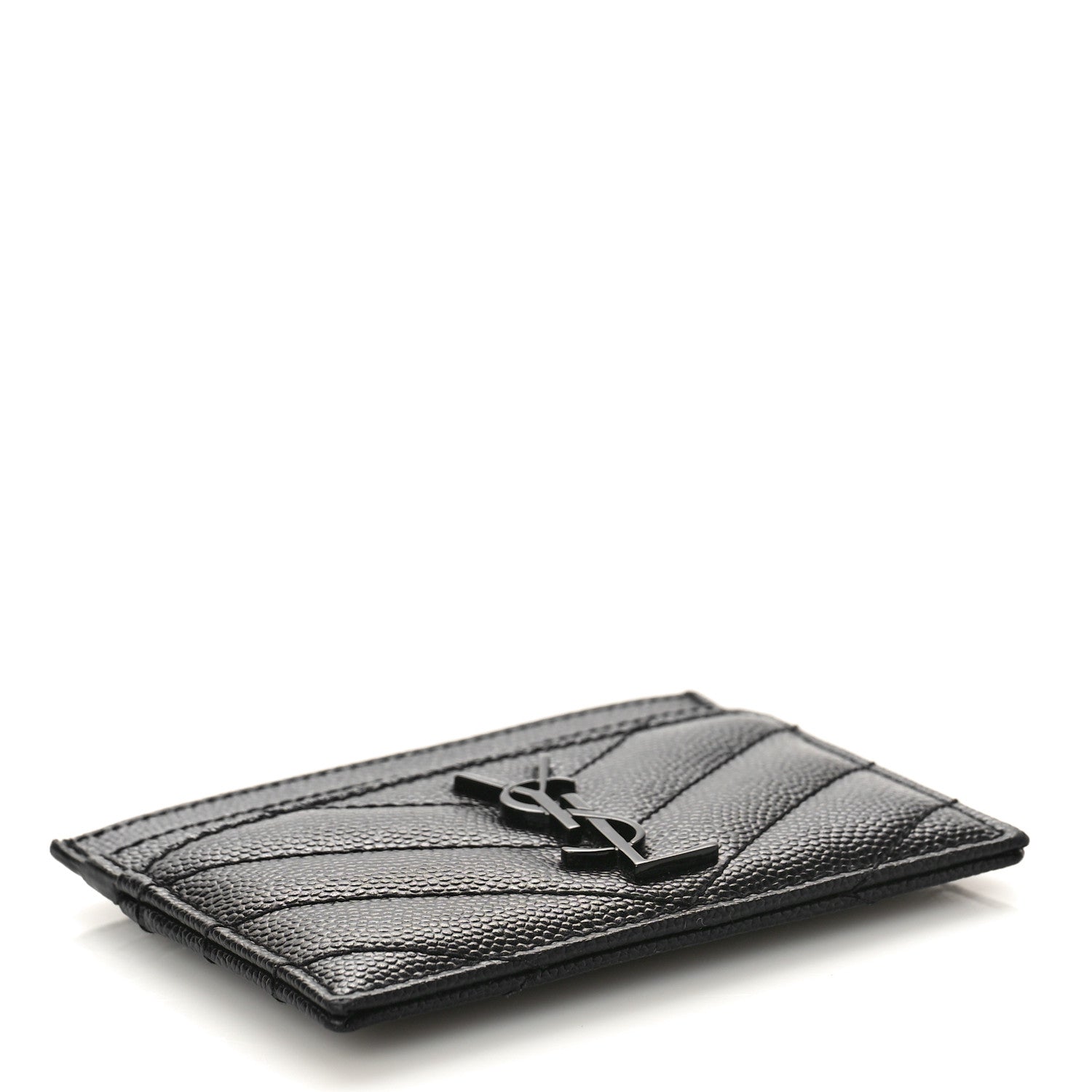 Saint Laurent Grain De Poudre Matelasse Chevron Monochrome Monogram Credit Card Case Black 4 of 9
