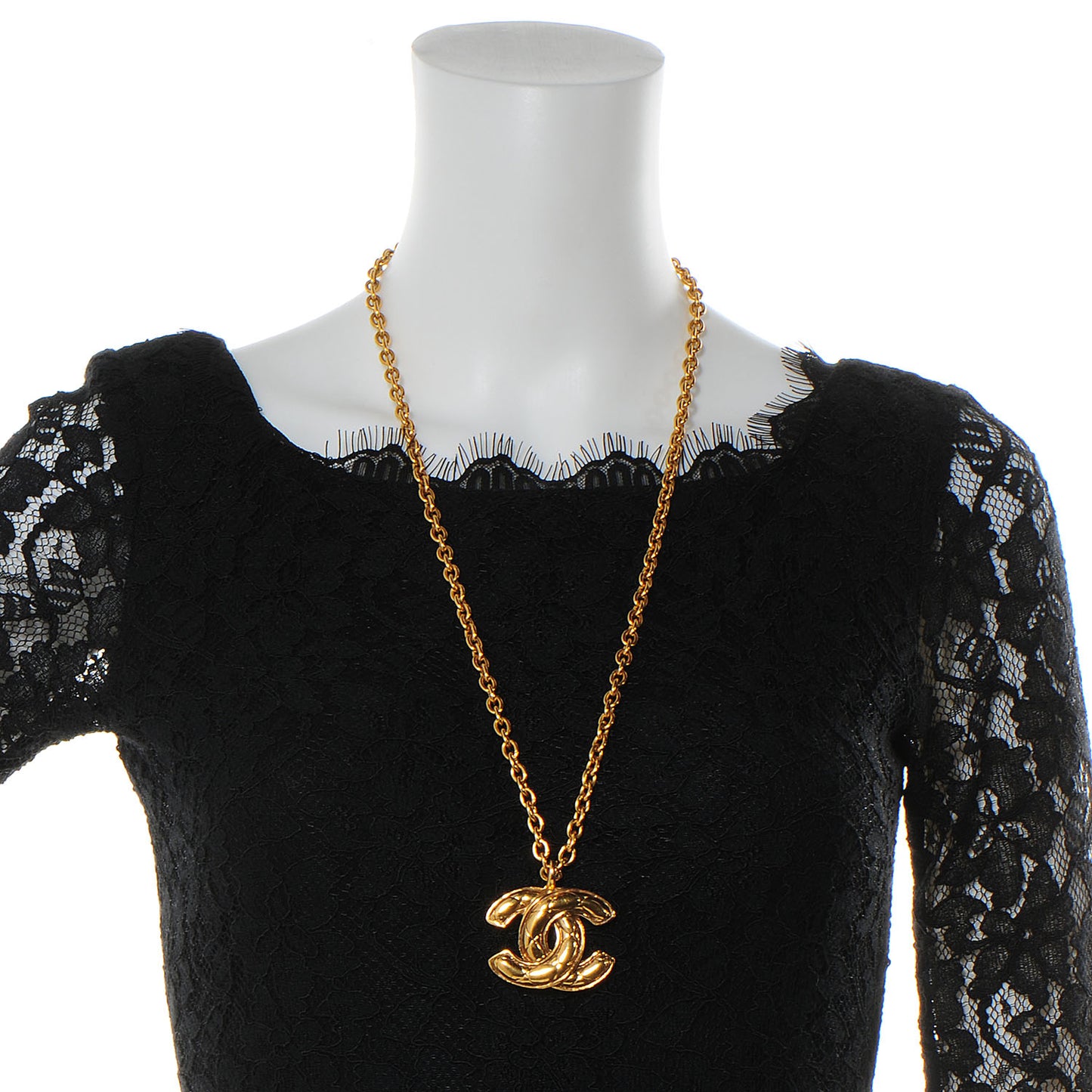 Quilted CC Long Chain Necklace Gold