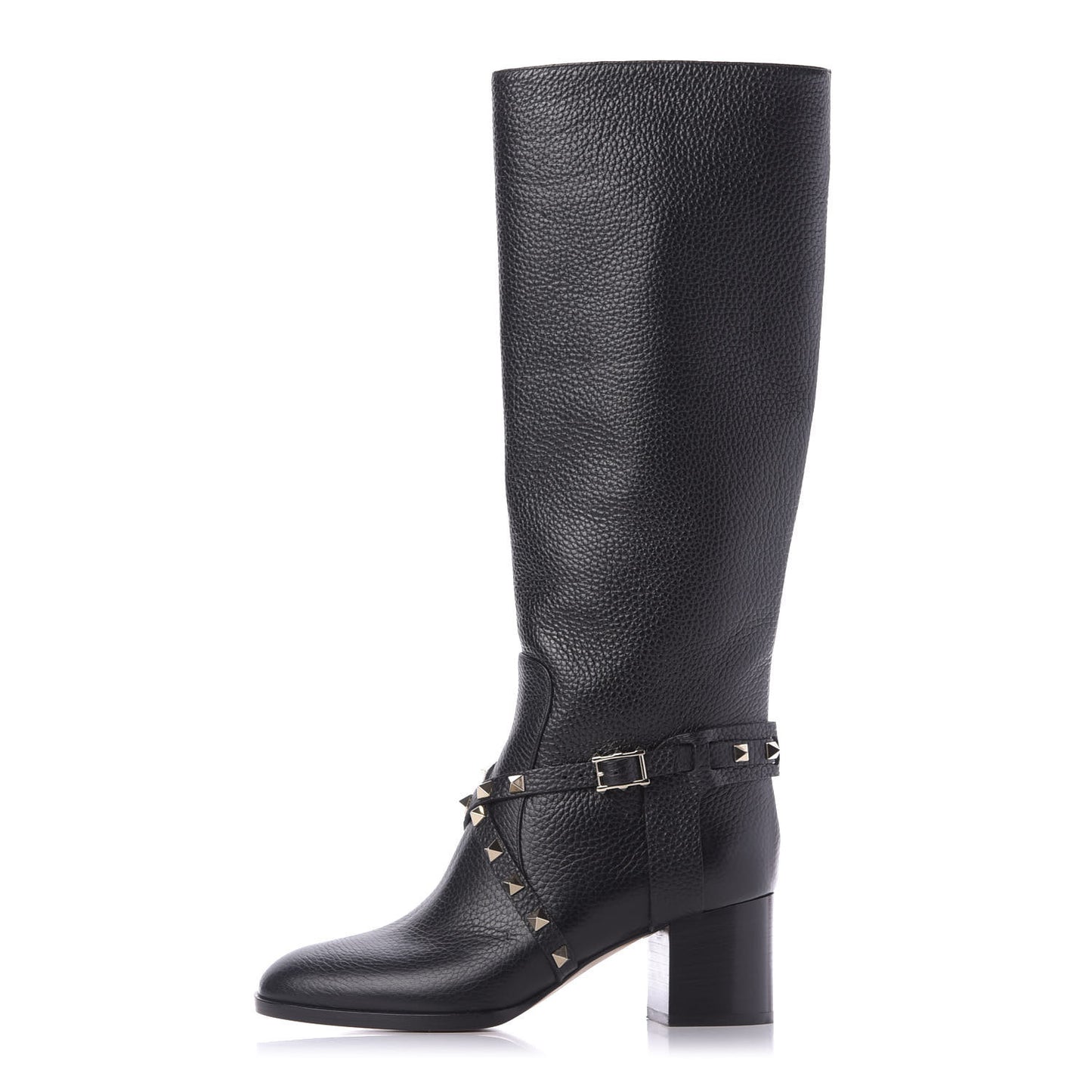 Pebbled Calfskin Rockstud Knee High Block Heel 60mm Boots 36.5 Black