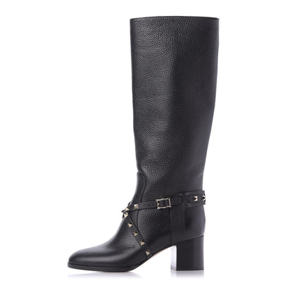 Valentino Garavani Pebbled Calfskin Rockstud Knee High Block Heel 60mm Boots 36.5 Black 1 of 7