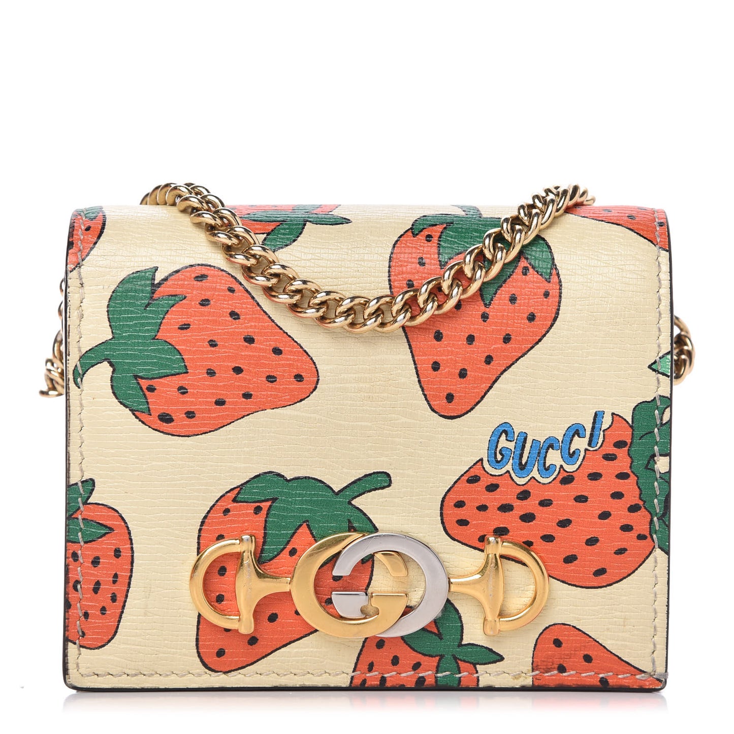 Calfskin Strawberry Print Zumi Chain Card Case Wallet Ivory Red