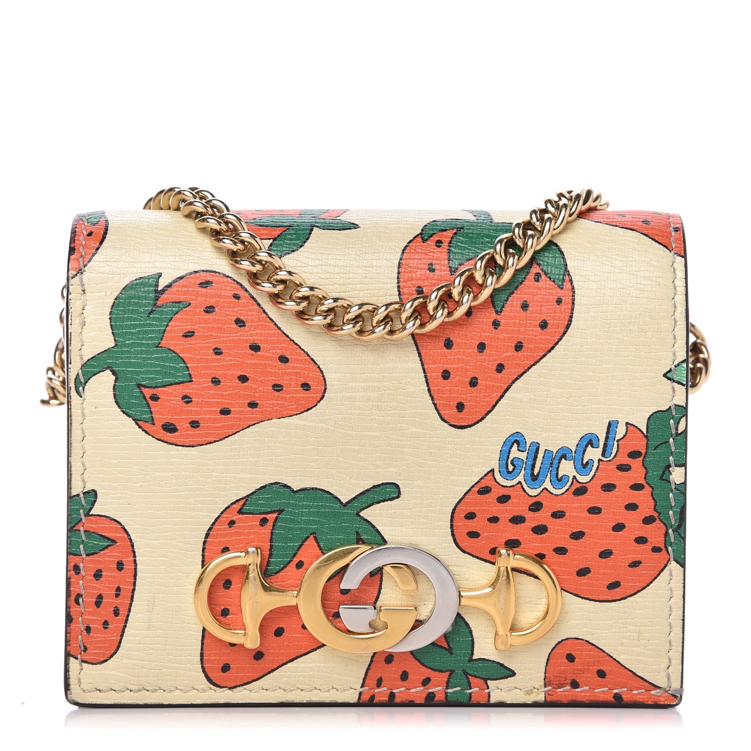 Gucci Calfskin Strawberry Print Zumi Chain Card Case Wallet Ivory Red 1 of 7