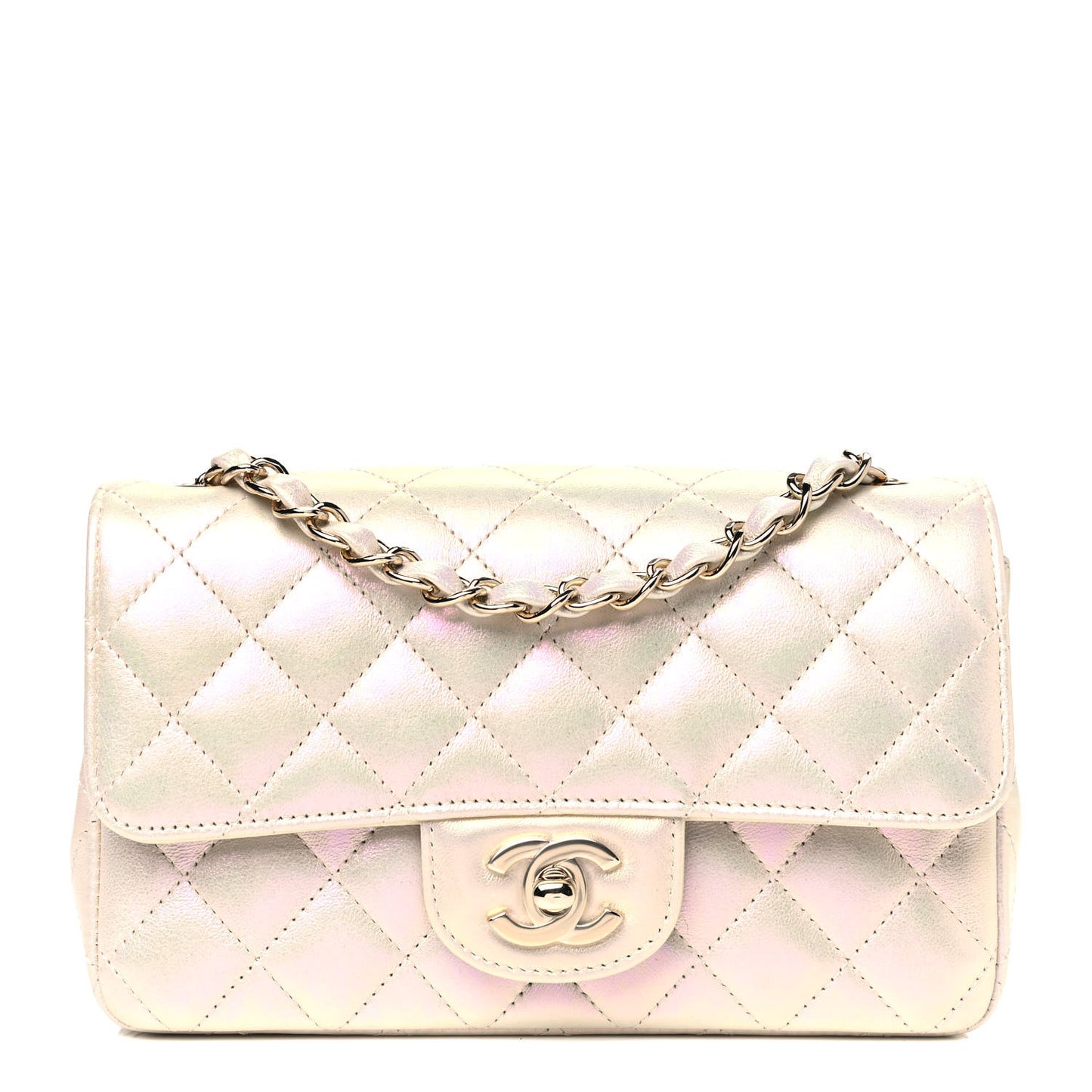 Iridescent Lambskin Quilted Mini Rectangular Flap Ivory
