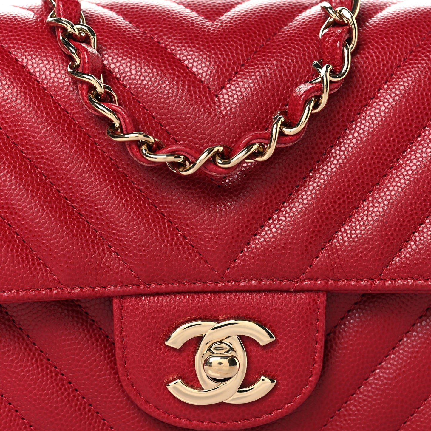 Caviar Chevron Quilted Mini Rectangular Flap Dark Red
