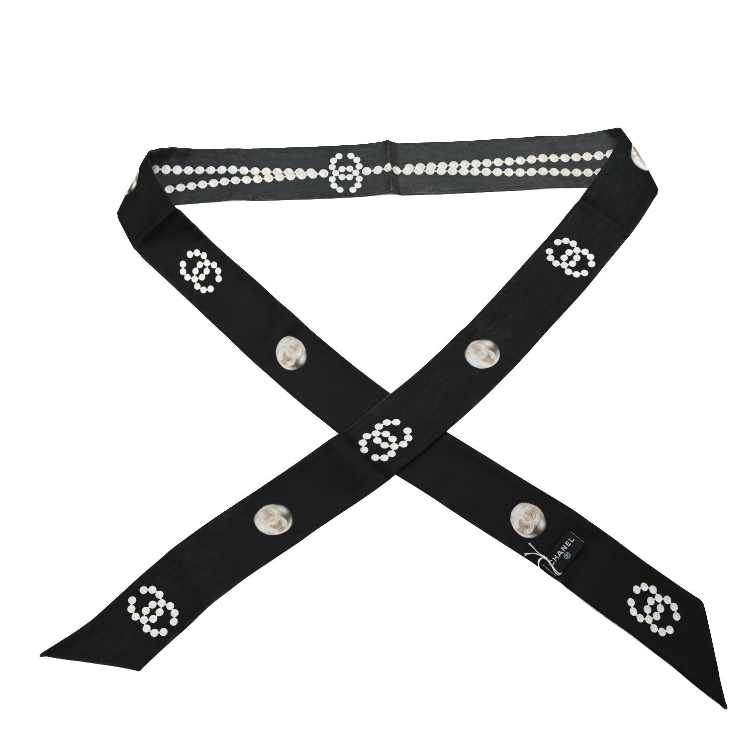 Chanel Silk Pearl CC Slim Bandeau Scarf Dark Gray Ecru Anthracite 1 of 3