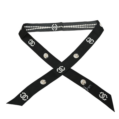 Chanel Silk Pearl CC Slim Bandeau Scarf Dark Gray Ecru Anthracite 1 of 3