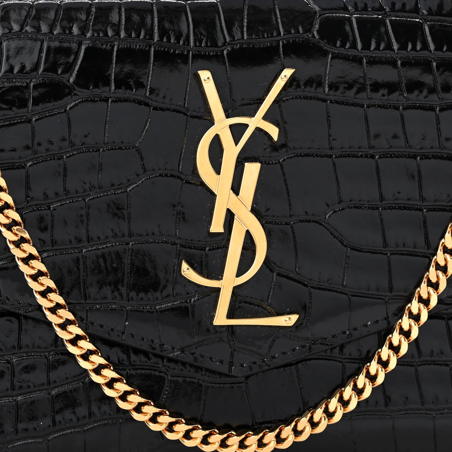 Saint Laurent Calfskin Crocodile Embossed Monogram Uptown Chain Wallet Black 9 of 12