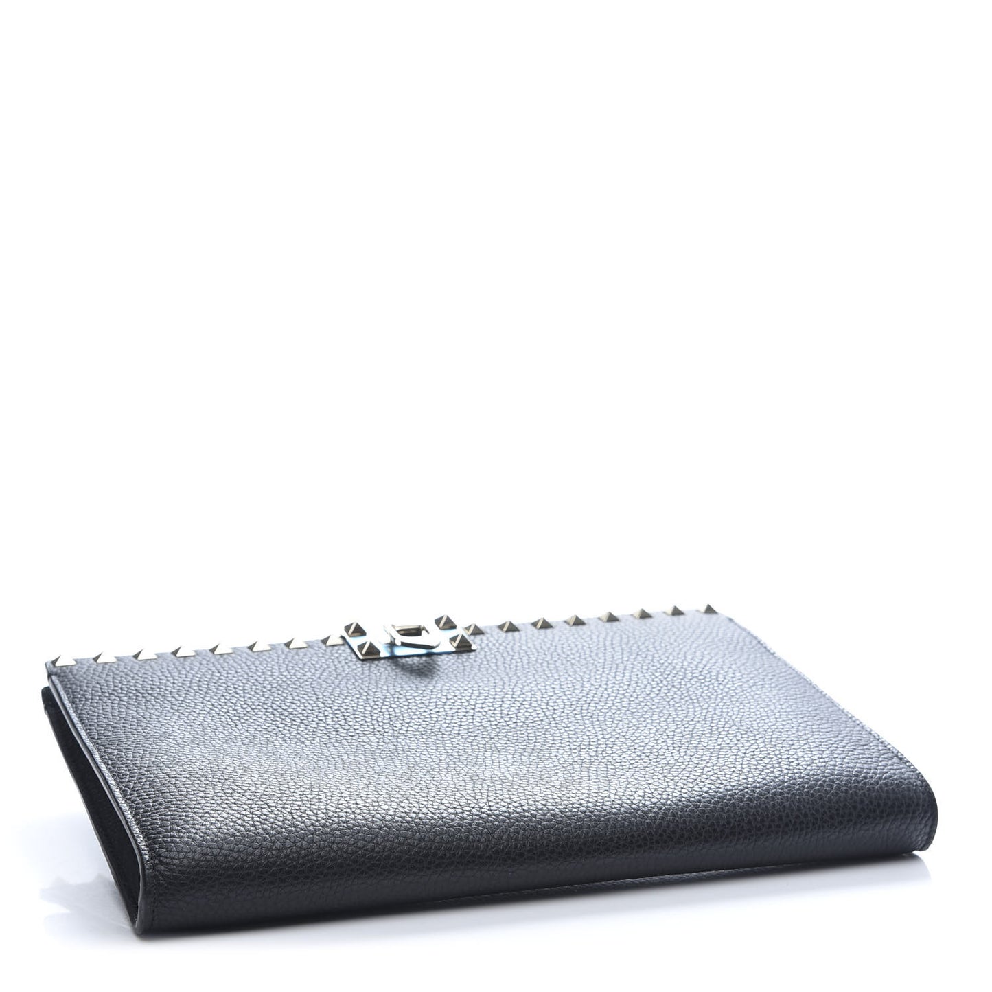 Pebbled Calfskin Rockstud Flip Lock Clutch Wallet Black
