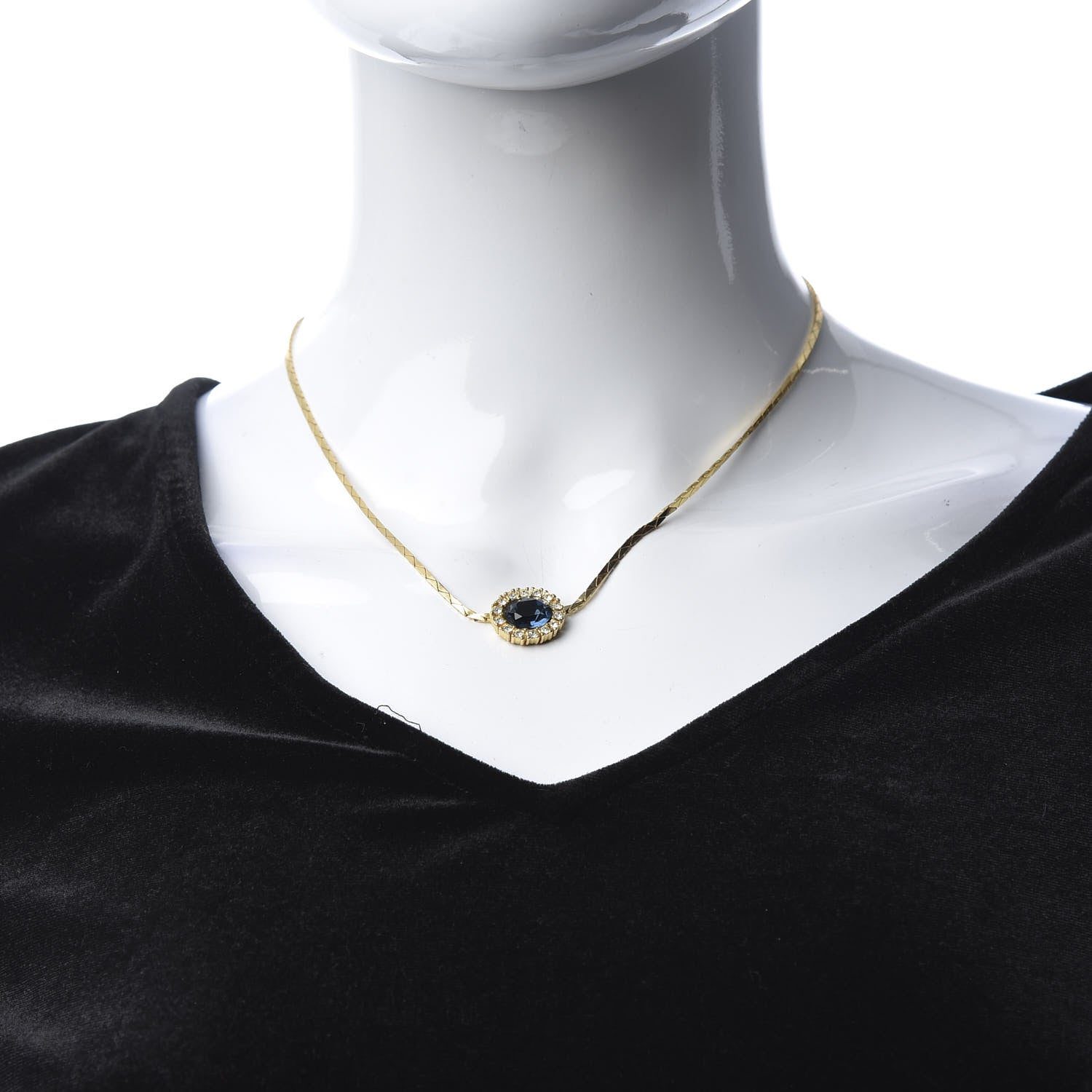 Christian Dior Crystal Chain Necklace Gold Blue 2 of 6