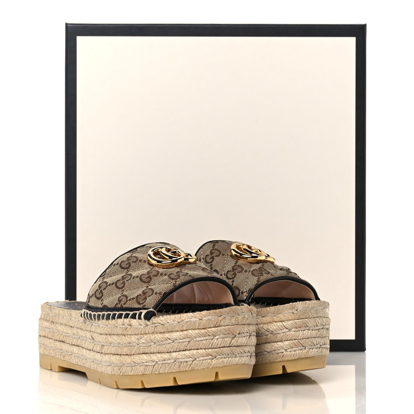 Monogram Matelasse Diagonal GG Marmont Platform Espadrille Slide Sandals 36 Beige Ebony Black