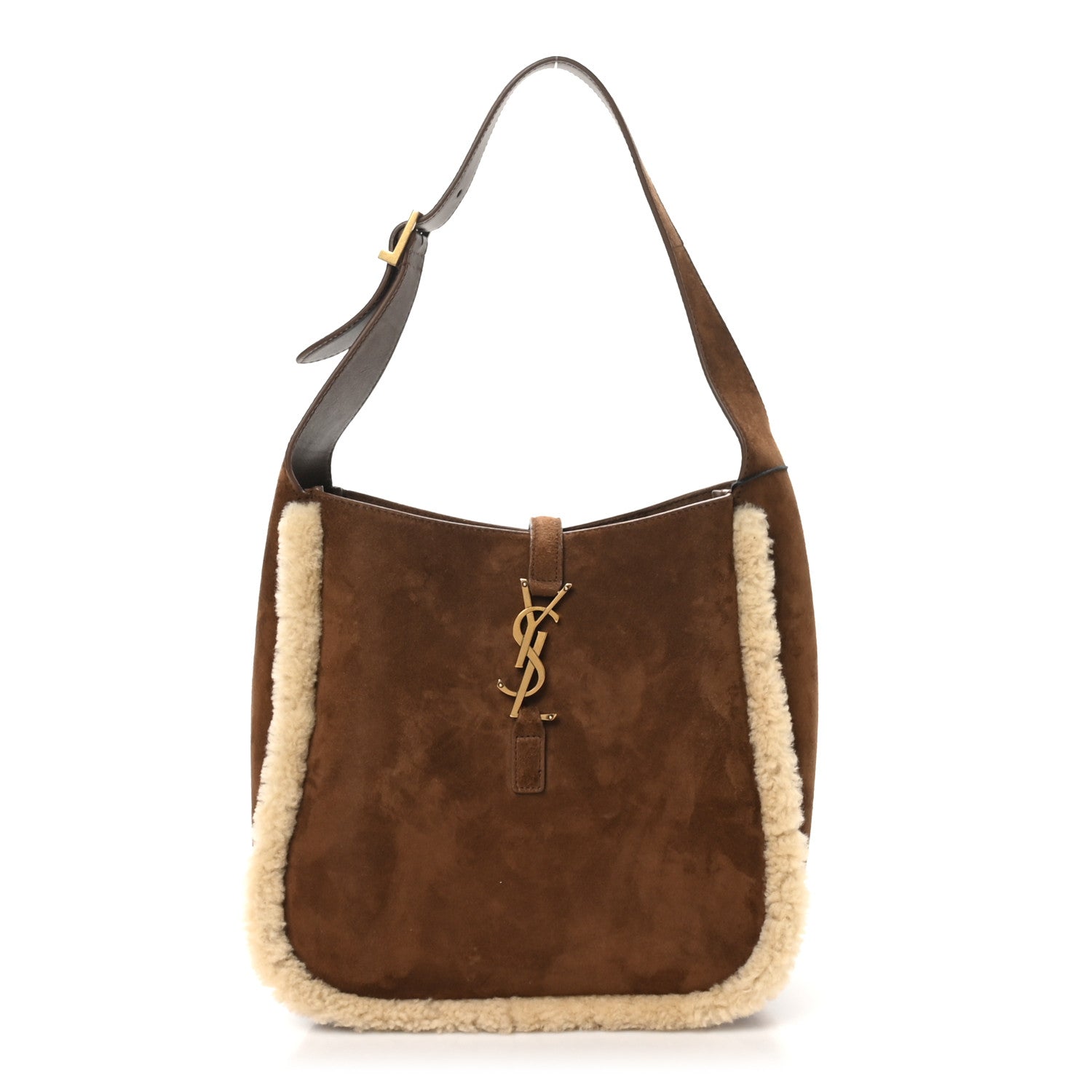 Saint Laurent Suede Shearling Small Le 5 A 7 Soft Hobo  Dark Sigaro Natural Beige 1 of 10