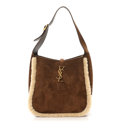 Saint Laurent Suede Shearling Small Le 5 A 7 Soft Hobo  Dark Sigaro Natural Beige 1 of 10