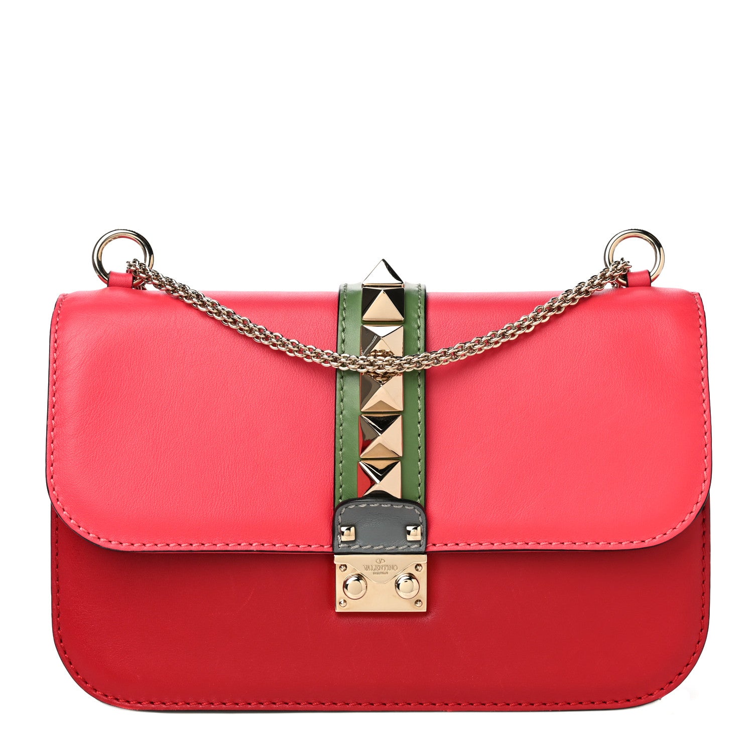 Valentino Garavani Vitello Medium Glam Lock Rockstud Flap Deep Rose Scarlet Grey Green 2 of 16