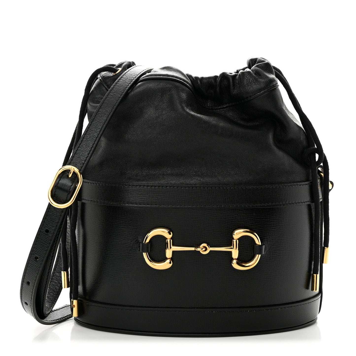 Azalea Sakai Calfskin Horsebit 1955 Drawstring Bucket Bag Black
