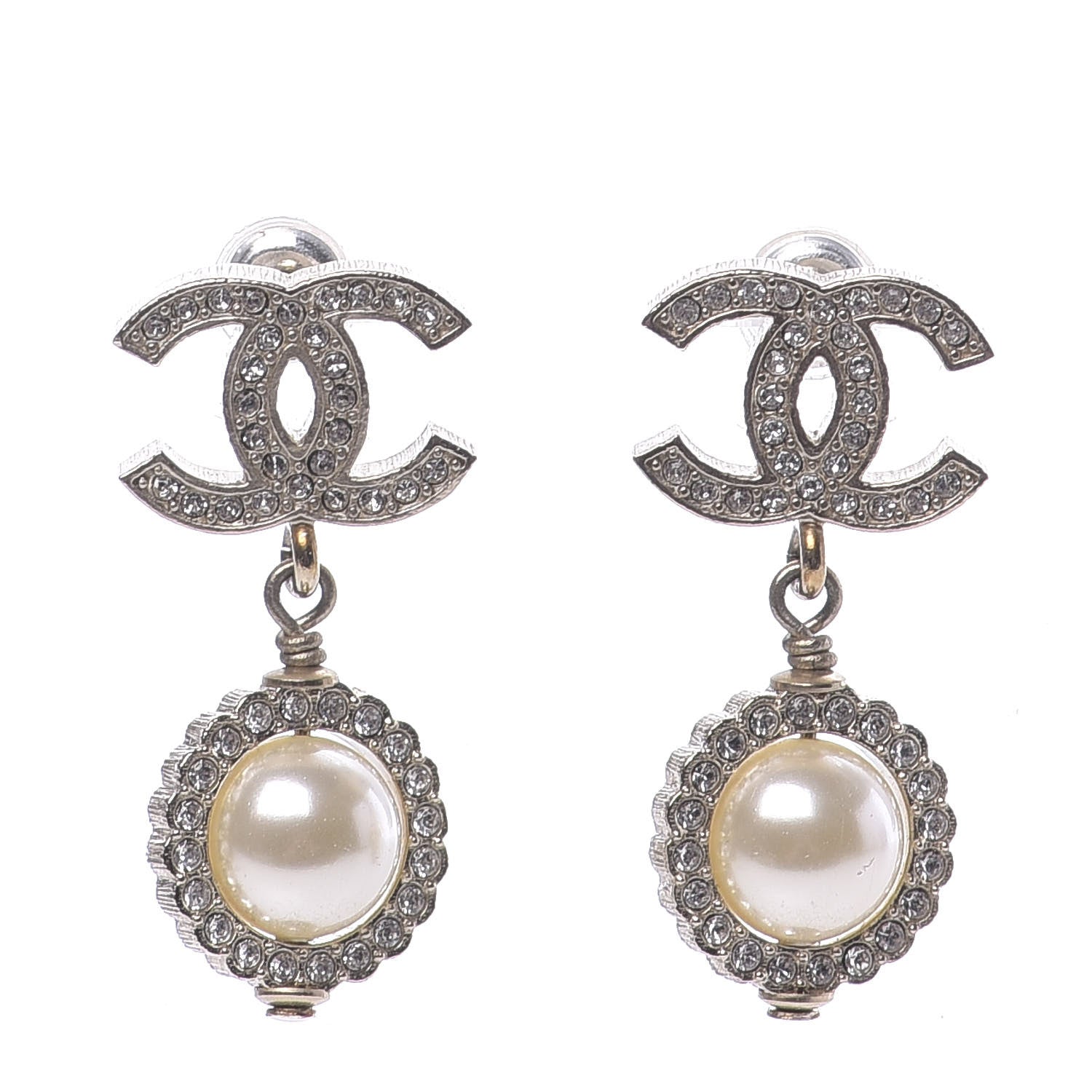 Chanel Crystal Pearl CC Lace Camellia Earrings Gold 1 of 5