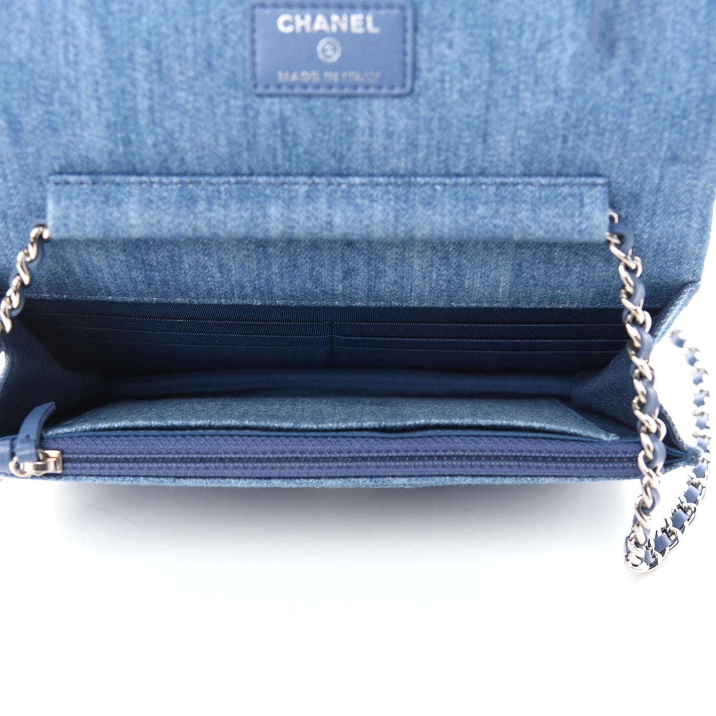 Denim Quilted Chain Around Wallet on Chain WOC Blue