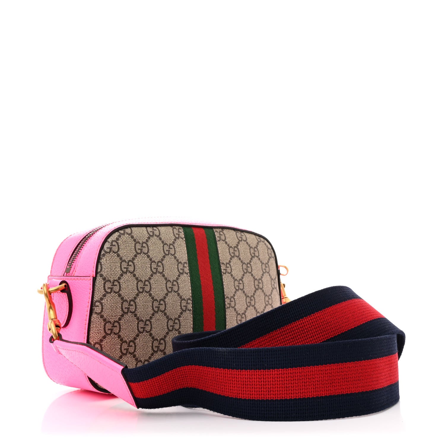 Gucci GG Supreme Monogram Textured Dollar Calfskin Web Ophidia Small Crossbody Bag Beige Ebony Fuchsia 3 of 12