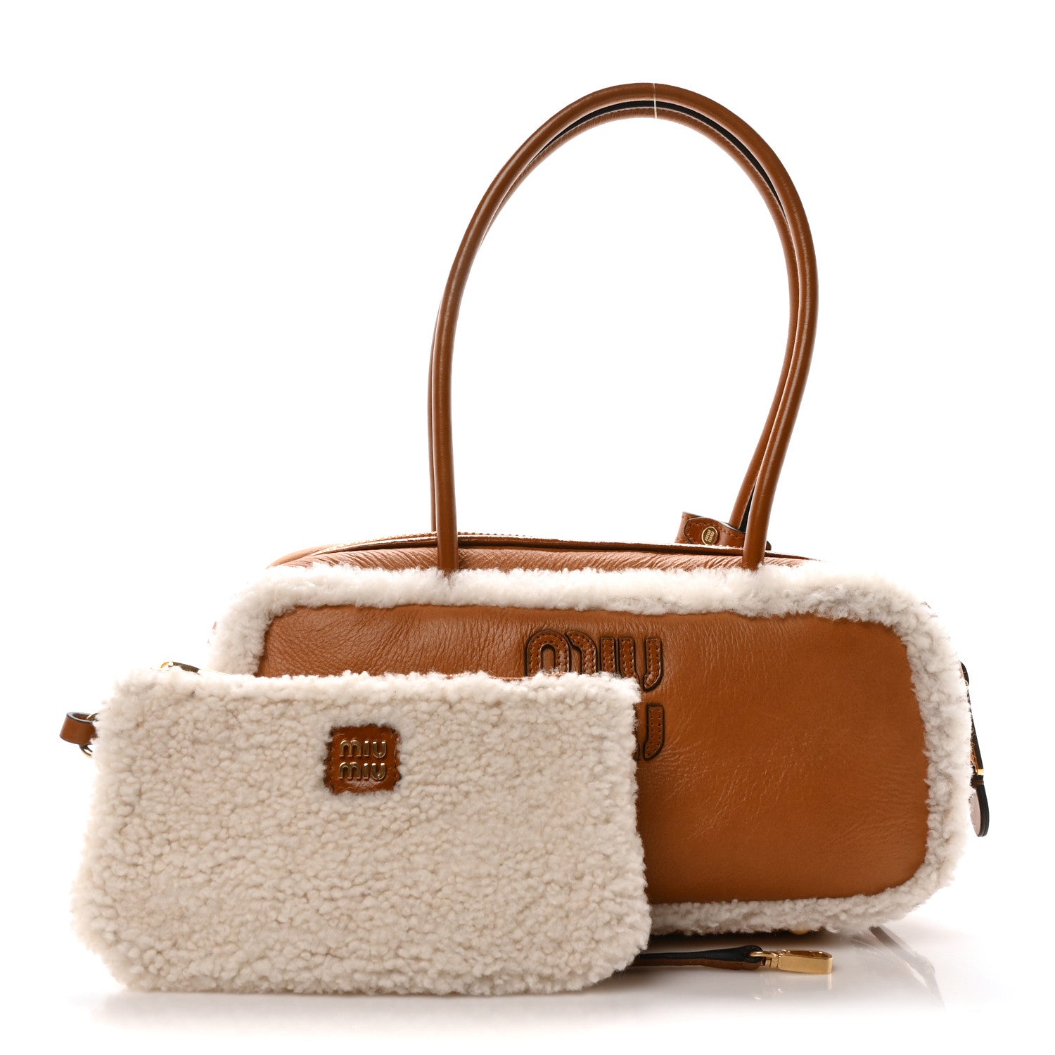 Miu Miu Shearling Calfskin Arcadie Top Handle Bag Cognac 1866848