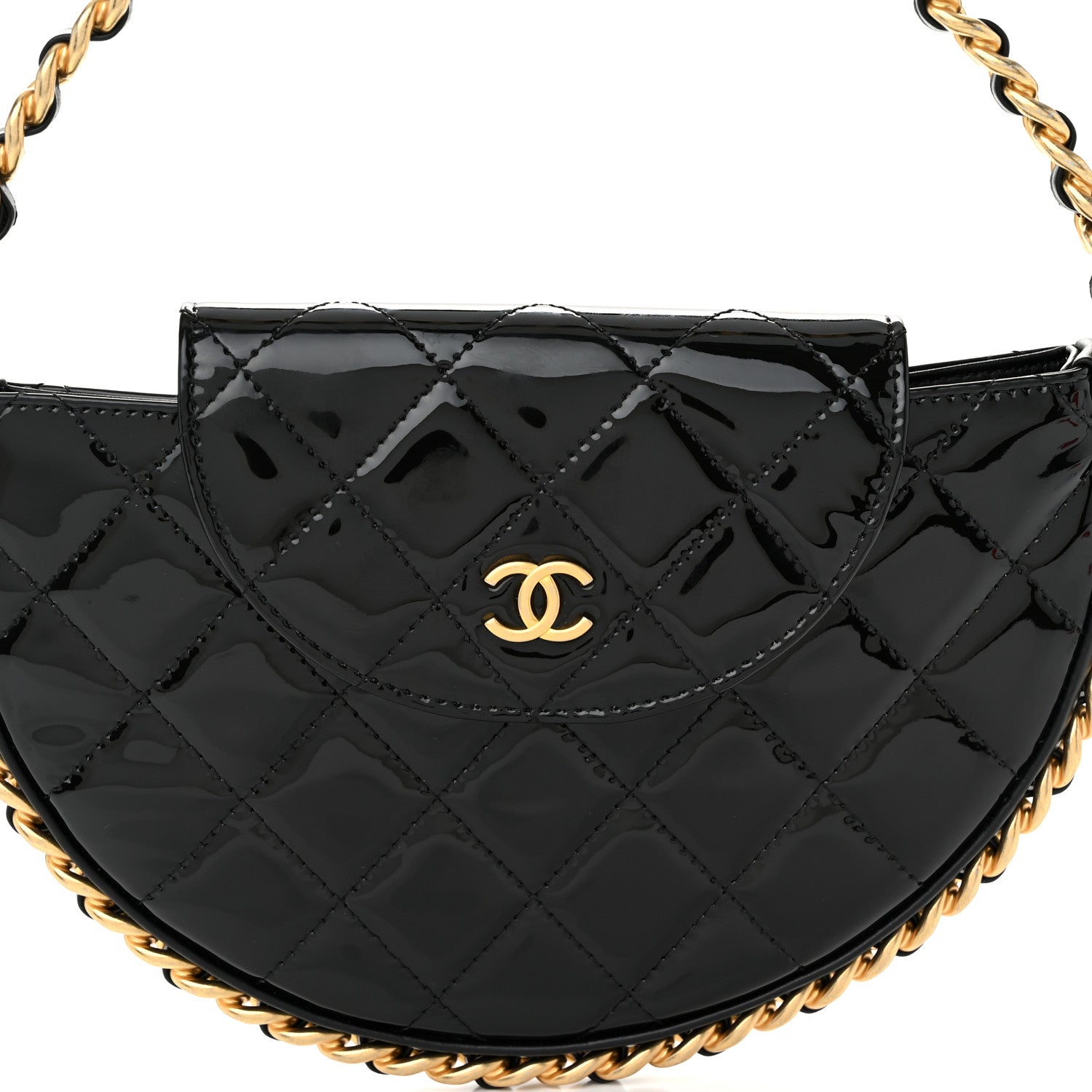 Chanel Patent Calfskin Quilted Chain Hoop Bag Black 8 of 10