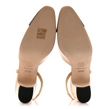 Chanel Goatskin Grosgrain Cap Toe CC Slingback Pumps 36.5 Beige Black 6 of 10