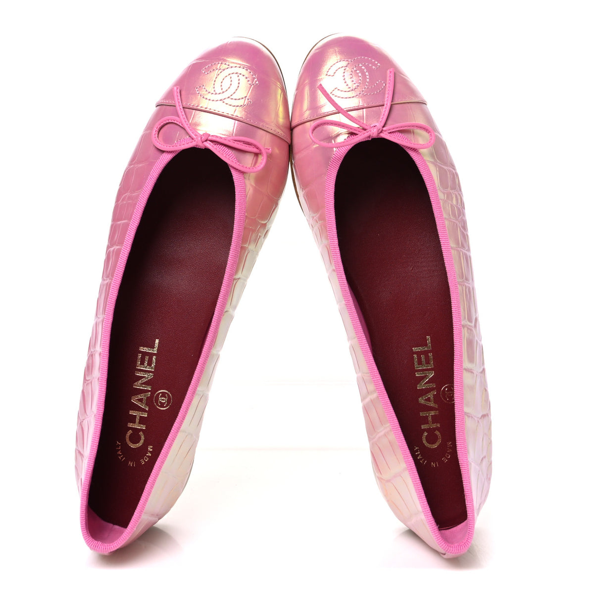 Iridescent Calfskin Crocodile Embossed Ballerina Flats 40 Pink