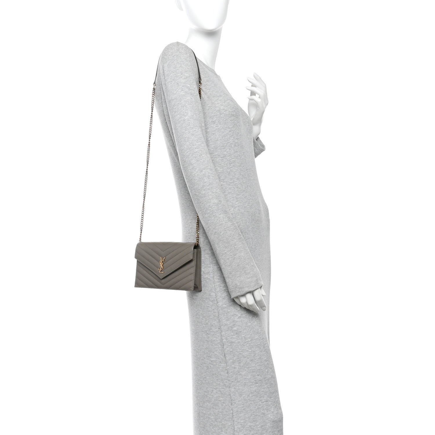 Saint Laurent Grain De Poudre Matelasse Chevron Monogram Envelope Chain Wallet Light Taupe 2 of 12
