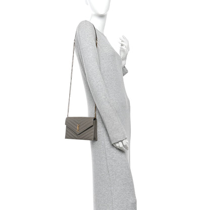Saint Laurent Grain De Poudre Matelasse Chevron Monogram Envelope Chain Wallet Light Taupe 2 of 12